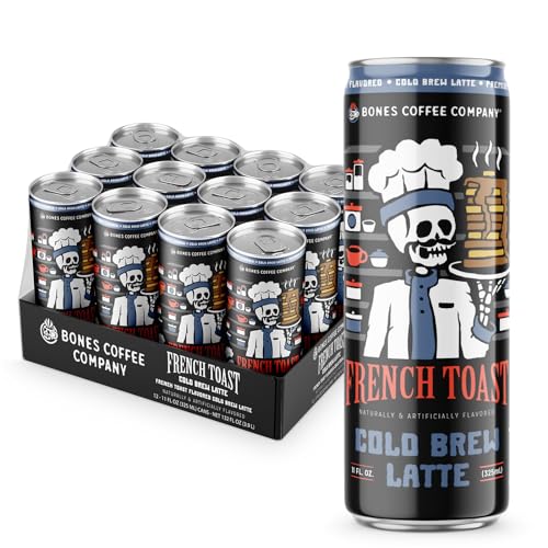 Bones Coffee Company French Toast Latte Sweet and Buttery Flavored Coffee, Medium Roast Ready To Drink Iced Coffee in Can, 11 Fl Oz Can (12 Pack)