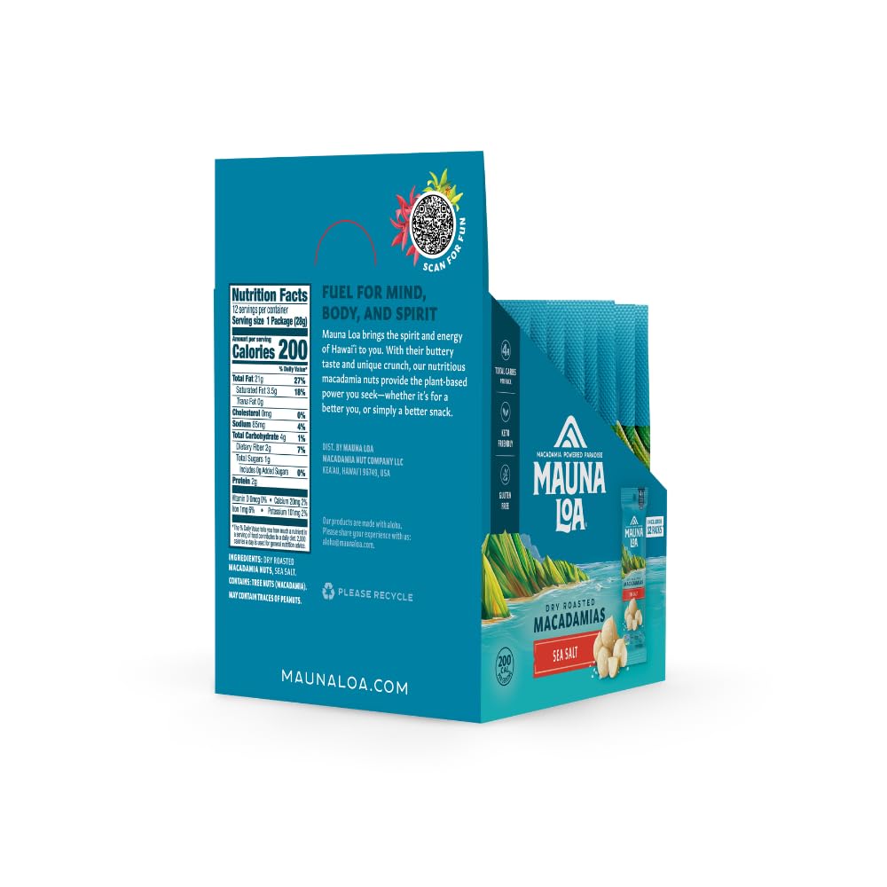 Mauna Loa Sea Salt Roasted Macadamia Nuts, 12 Pack of 1 oz Single Serve Snack Bags, Keto Friendly, Gluten Free, Healthy Snack