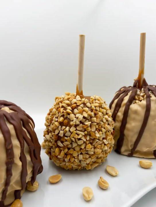 US Sweets Snickers Caramel Apple - Caramel Granny Smith Apples Rolled in Peanuts & Dipped in White Chocolate & Peanut Butter & Drizzled in Milk