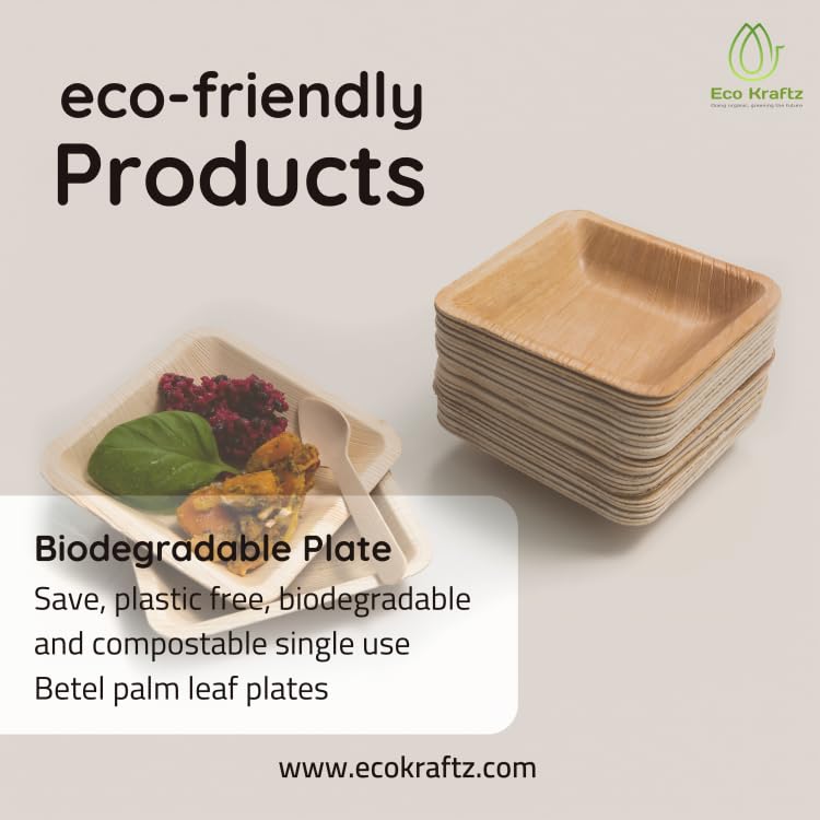 Eco Kraftz 300 Square Palm Leaf Plates-Compostable & Biodegradable, Sturdy Disposable plates for Weddings, Events, Odor-Free, Microwave Safe (300 Pcs