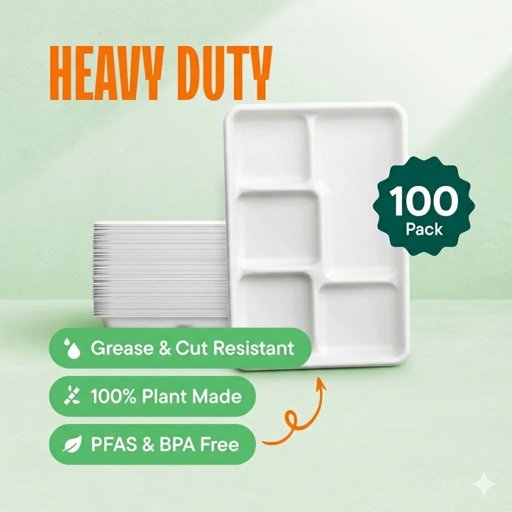 100% Compostable, Large 5 Compartment, Disposable Tray [100-Pack] - [12.5 Inch] Heavy Duty Biodegradable Bagasse Sectional Lunch Trays + Dividers