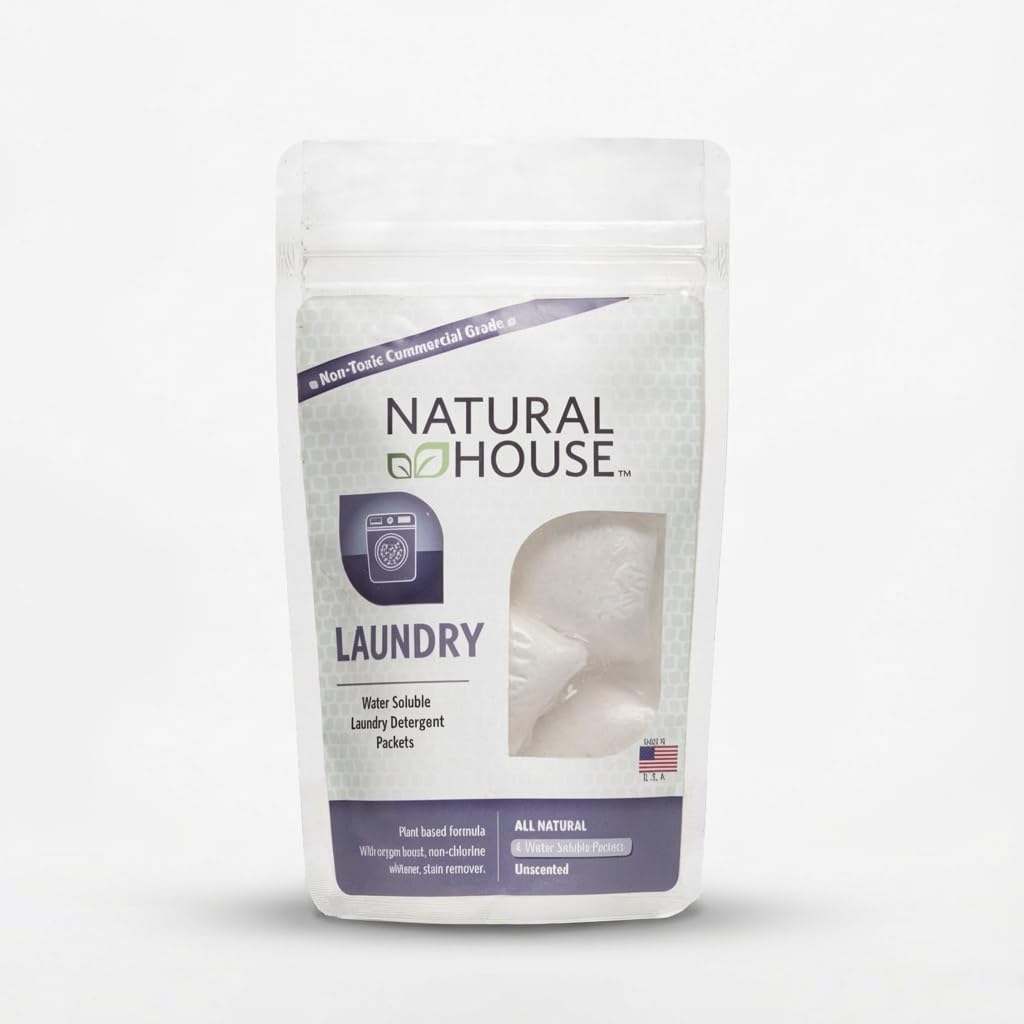 Natural House Laundry Pods - Plant-Based Detergent with Oxygen Boost - Septic-Safe, Plumbing-Friendly - Fragrance Free - 4 Count Trial Pack