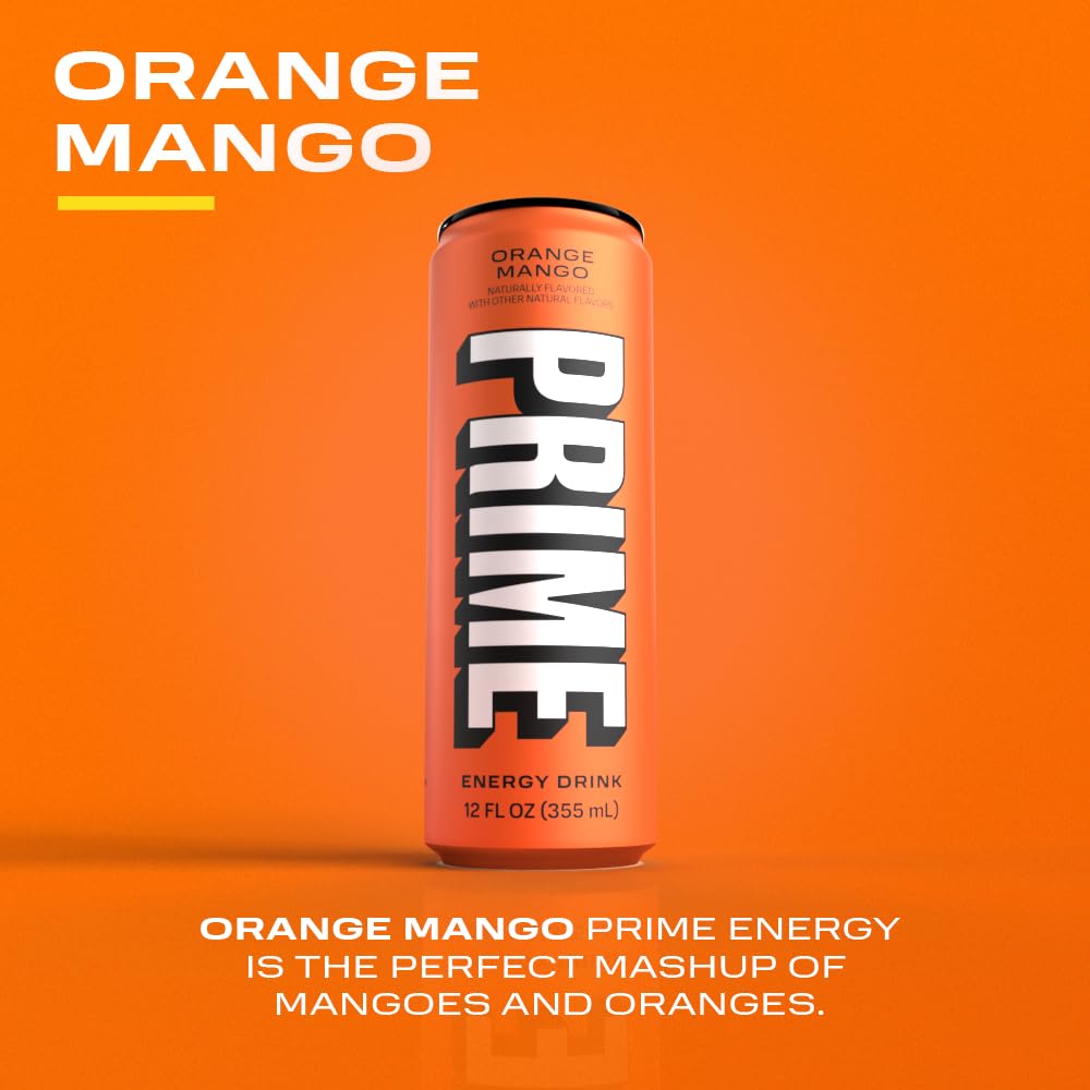 PRIME Energy ORANGE MANGO | Zero Sugar Energy Drink | Preworkout Energy | 200mg Caffeine with 355mg of Electrolytes and Coconut Water for Hydration|