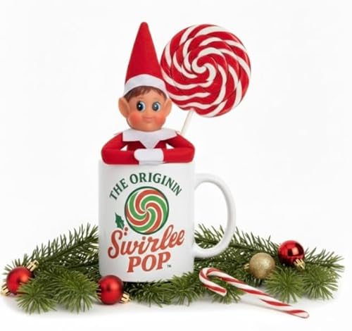Swirlee Pop Christmas Elf Mug Gift Set - Boy Elf in Ceramic Coffee Mug with Giant Peppermint Swirl Lollipop & Ornaments - Holiday Hot Cocoa Cup, Elf