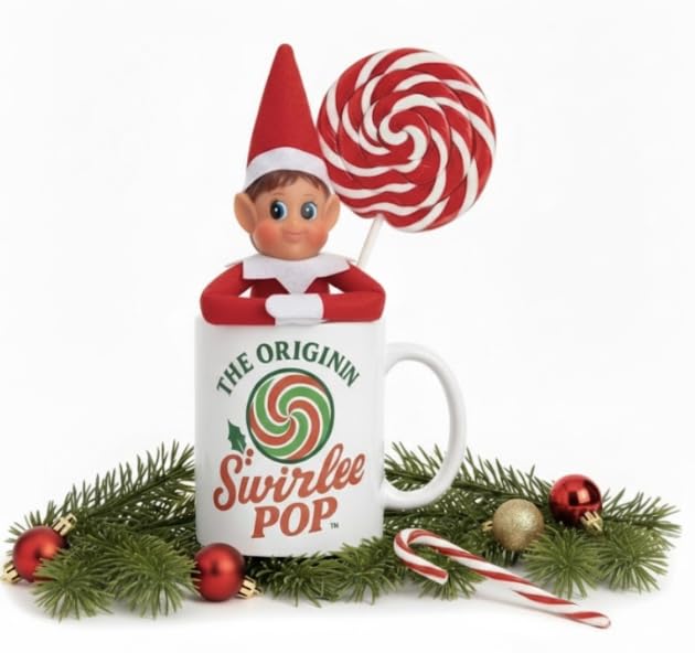 Swirlee Pop Christmas Elf Mug Gift Set - Boy Elf in Ceramic Coffee Mug with Giant Peppermint Swirl Lollipop & Ornaments - Holiday Hot Cocoa Cup, Elf