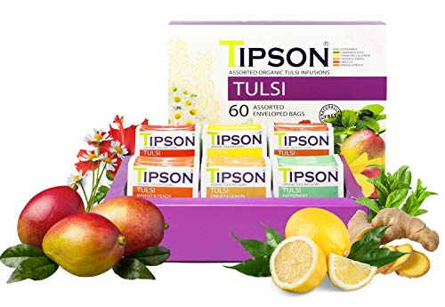 Tipson Organic Tulsi Variety Sampler - 6 Flavors (60 Tea Bags), Herbal Tea Infusions - USDA Organic, Non GMO, and Gluten Free