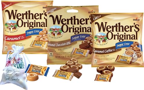 Werther's Original Sugar Free Hard Candy 3 Bags Bundle (1.46 OZ Each) 3 Flavors: Coffee, Chocolate, Caramel | Perfect for Office Spaces Candy dishes