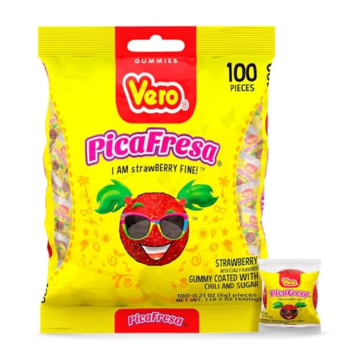 Vero PicaFresa - Strawberry Flavored Chewy Gummy Candy Treats - 100 Piece - (1 LB, 5.15 Ounces Each) - Individually Wrapped Mexican Candy Perfect