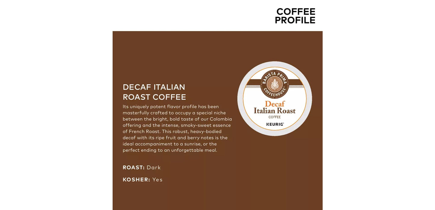 Barista Prima Coffeehouse Decaf Italian Roast KCups 96ct