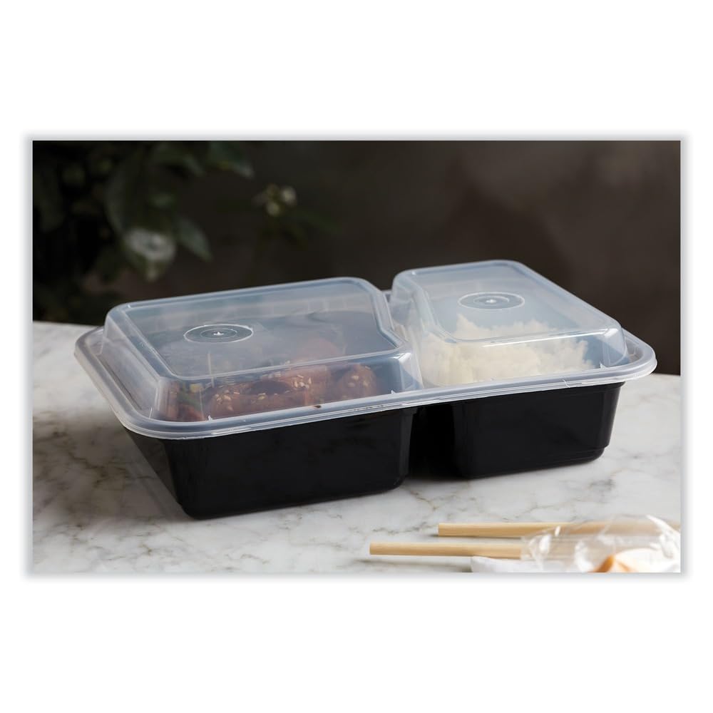 Pactiv Evergreen newspring versatainer microwavable containers, rectangular, 2-compartment, 30 oz, 6 x 8.5 x 2.5, black/clear, plastic, 150/ct