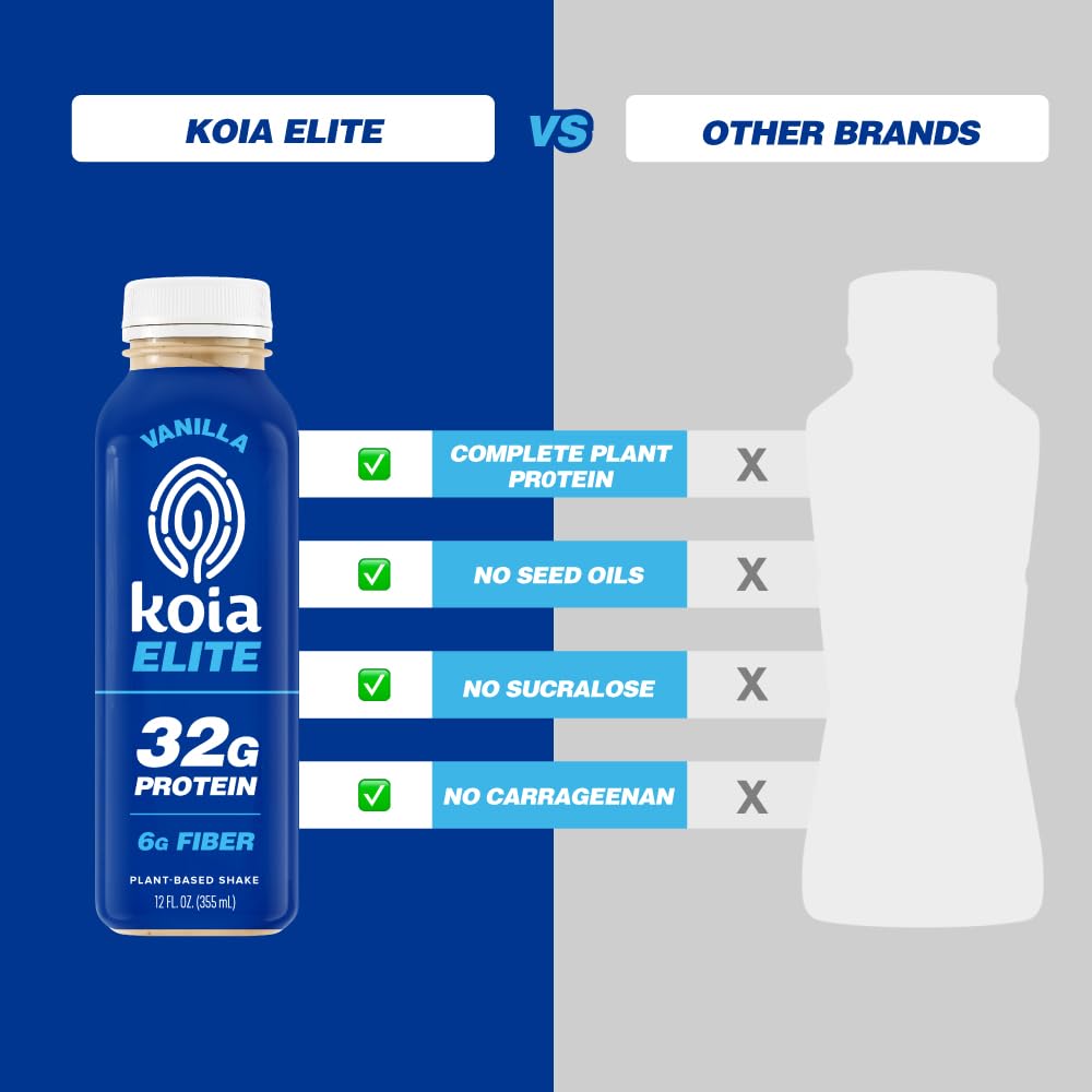 Koia Elite - Vanilla - 32g Protein - Ready To Drink Plant Protein Shake - Low Sugar, Dairy Free, Gluten Free, Soy Free, Non GMO, Kosher, Vegan (12 Fl