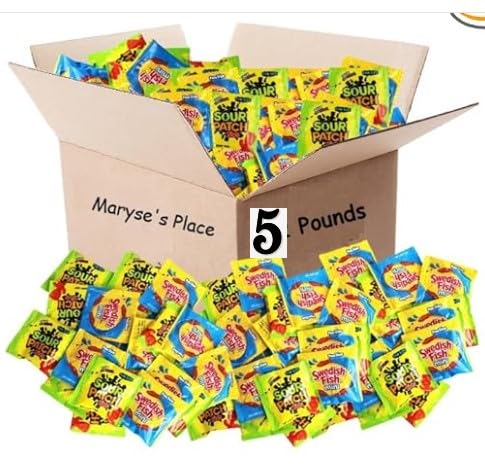 Christmas Bulk Candy Of 5 lb of Sours Patch For Kids And Swedish Fish Mini Soft And Chewy Candy Variety Snack Bulk Order. Individually Wrapped Fun