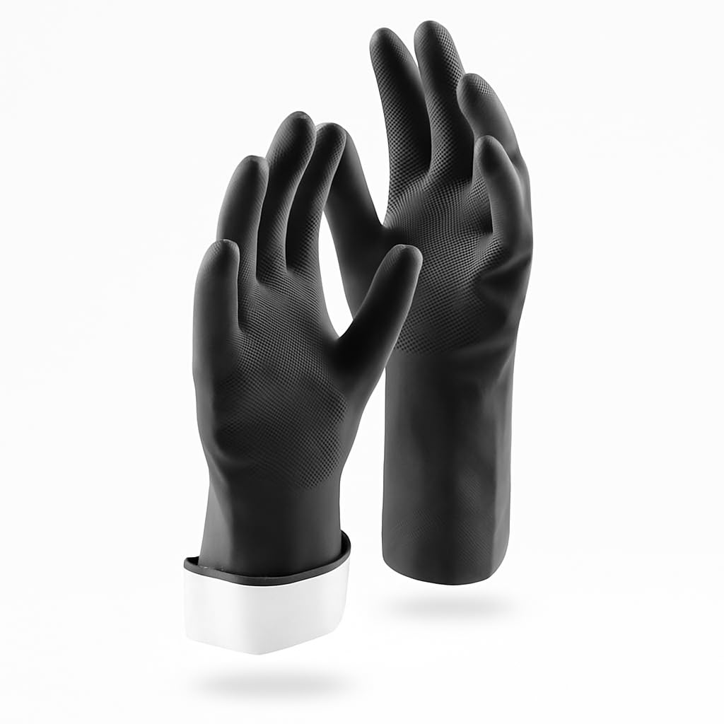 Tribello LIBMAN Heavy Duty Black Rubber Gloves - Chemical Resistant Glove - Reusable Mechanics Grip Gloves - Industrial, Cleaning, Dishwashing
