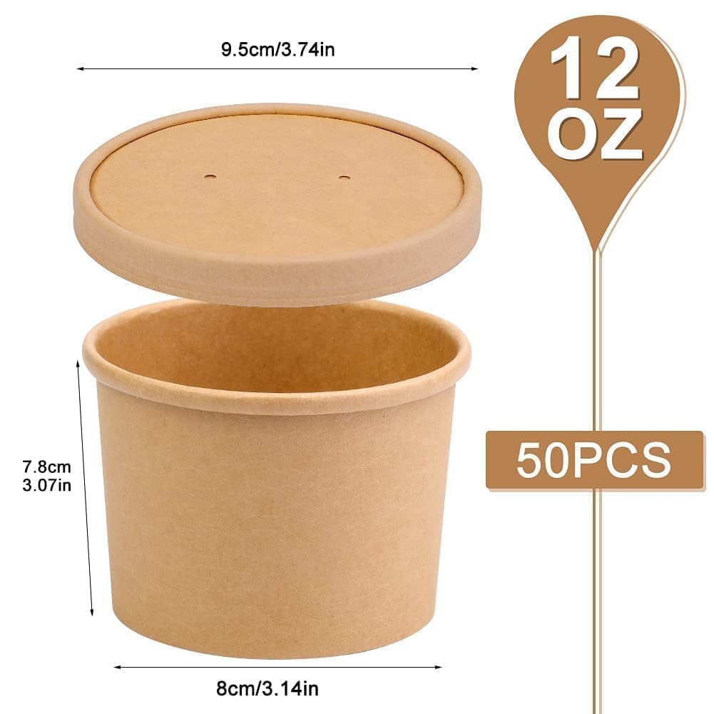 BALDCC 50 Pack Disposable Paper Soup Containers with Lids, 12 Oz Disposable Paper Soup Bowls with Lid, Paper Ice Cream Cups, Soup to go containers