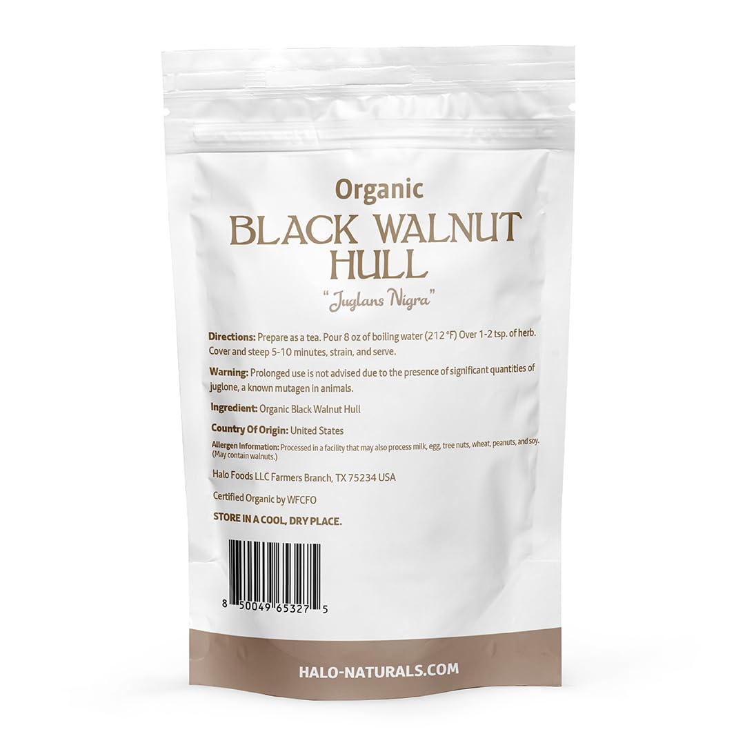 Halo Naturals Organic Black Walnut Hull Cut & Sifted, 4 Ounces (Juglans nigra) USDA Certified | Resealable Pouch| Packaged in The USA