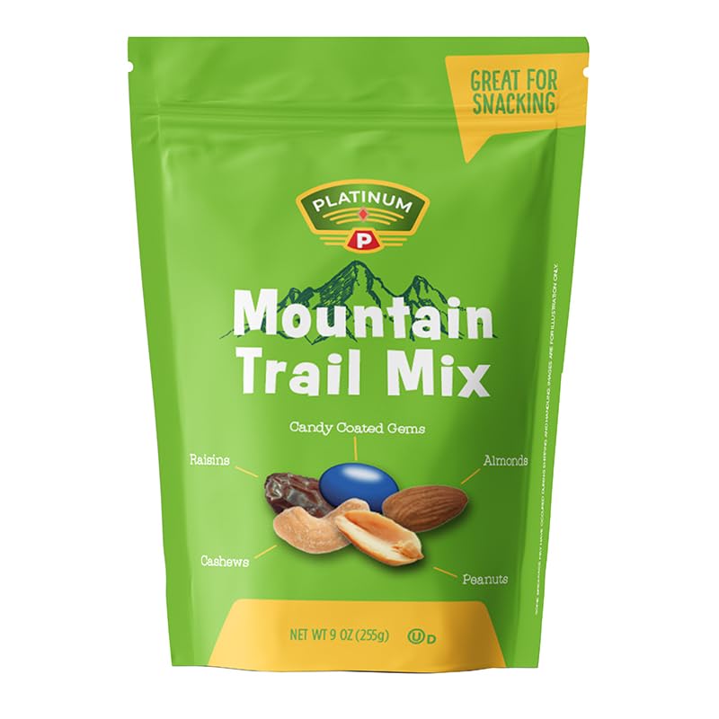 Platinum Mountain Trail Mix - Sweet & Crunchy Snack with Almonds, Cashews, Raisins & Chocolate Gems | Resealable 9 oz Bag for Heart-Healthy Energy
