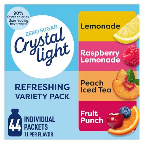 Crystal Light Refreshing Drink Mix Variety Pack, 44 Packets, for Convenient Hydration, Lemonade, Raspberry Lemonade, Peach Iced Tea, Fruit Punch