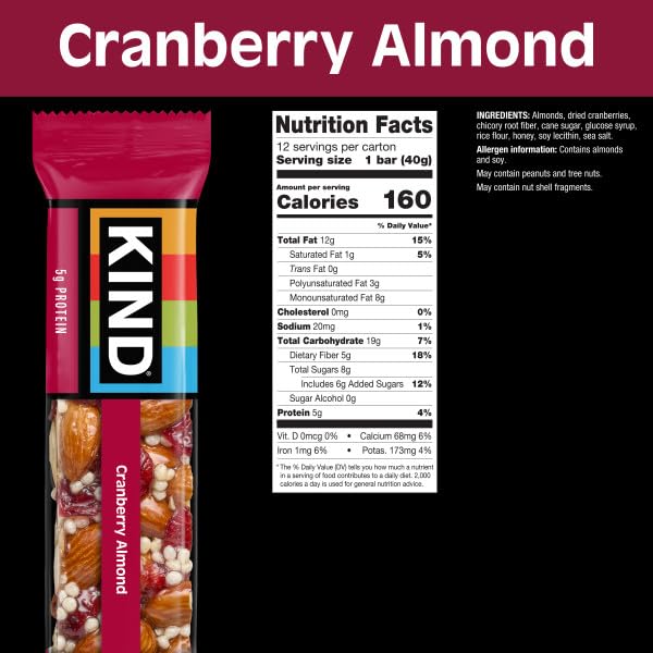KIND Healthy Snacks Bars, Cranberry Almond, Gluten Free, High Fiber Snacks, 5g Protein, 12 Count