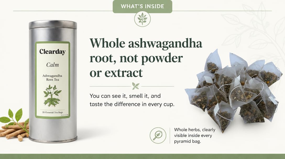 Clearday Calm Ashwagandha Tea with Chamomile, Lemon Balm & Spearmint | Herbal Stress Relief Tea for Daily Calm | 20 Pyramid Bags | Premium Tin