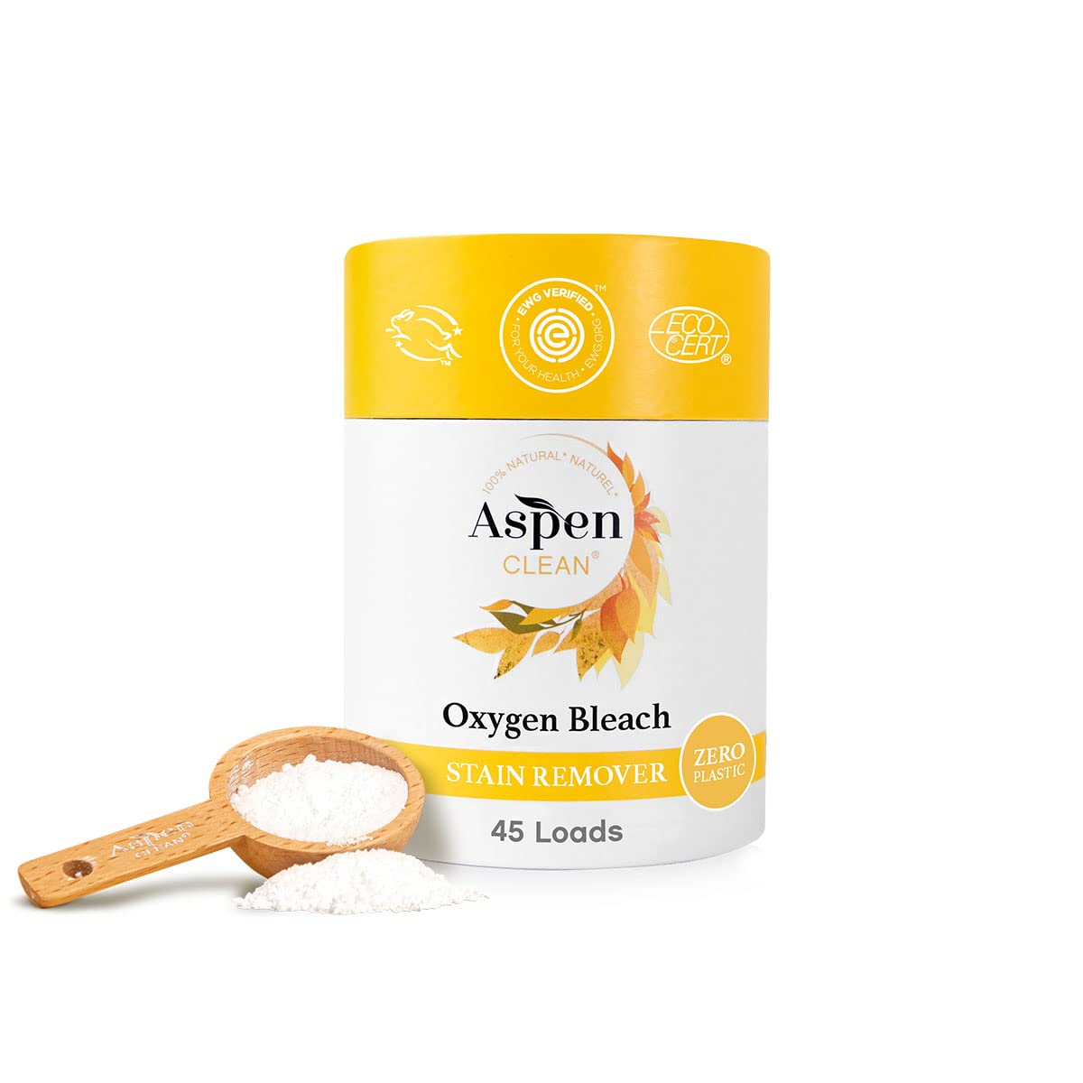 AspenClean | Unscented Oxygen Bleach Powder | Color Safe Laundry Stain Remover | Bleach Alternative | EWG Verified™, Hypoallergenic, Non-Toxic | 45