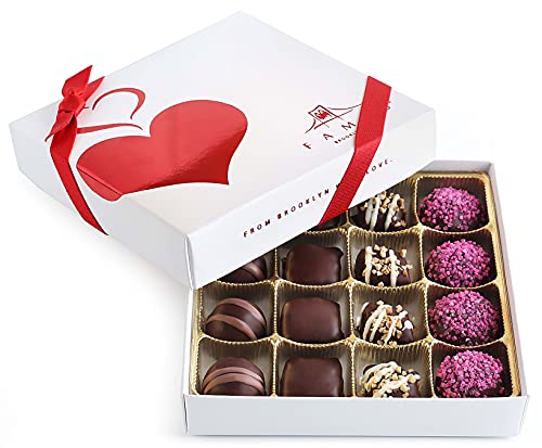 Valentine Chocolate Truffles Gift Box - 16-Pc Fancy Vegan Dark Chocolate Candy, Kosher, Dairy Free, Heart Box of Chocolates, Assorted Mother's Day