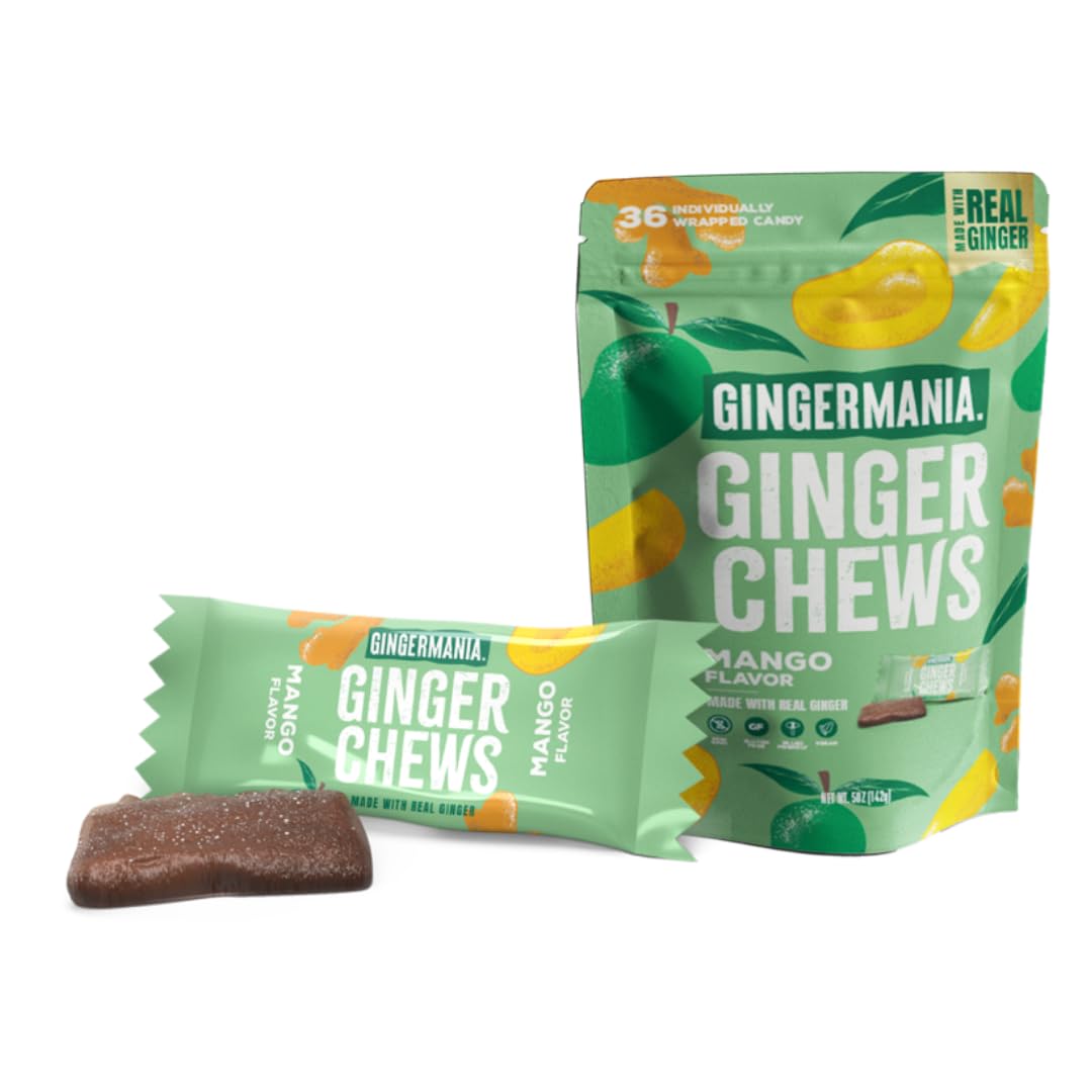 Gingermania™ Ginger Chews | Mango Flavor | Made with Real Ginger & Mango | Sweet & Spicy Chewy Candy | 36 Individually Wrapped Chews Per Bag | 5oz Bag
