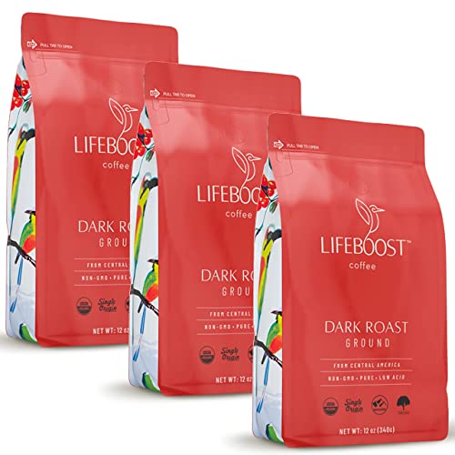 Lifeboost Coffee 3 Pack Dark Roast Ground Coffee - Low Acid Single Origin USDA Organic Coffee - Non-GMO Ground Coffee Beans Dark Roast Third Party
