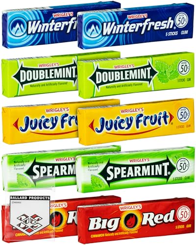 Wrigley Chewing Gum Variety Pack of 10 - All 5 Flavors of Wrigley Gum - Juicy Fruit, Spearmint, Doublemint, Winter Fresh, and Big Red - Bundle