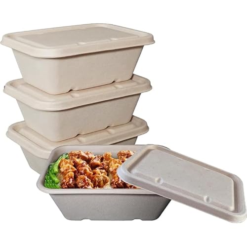 EcoQuality 34oz Disposable Bowls with Fiber Lids - Rectangular Compostable Sugarcane Fiber Biodegradable Paper Bowls Eco-Friendly Take Out Food