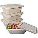 EcoQuality 34oz Disposable Bowls with Fiber Lids - Rectangular Compostable Sugarcane Fiber Biodegradable Paper Bowls Eco-Friendly Take Out Food
