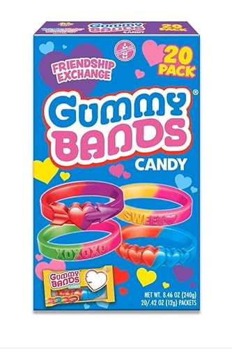 Gummy Bands Valentine's Day Candy Bracelets, 20 Count, Individually Wrapped for Friendship Exchange, 8.46 Ounces