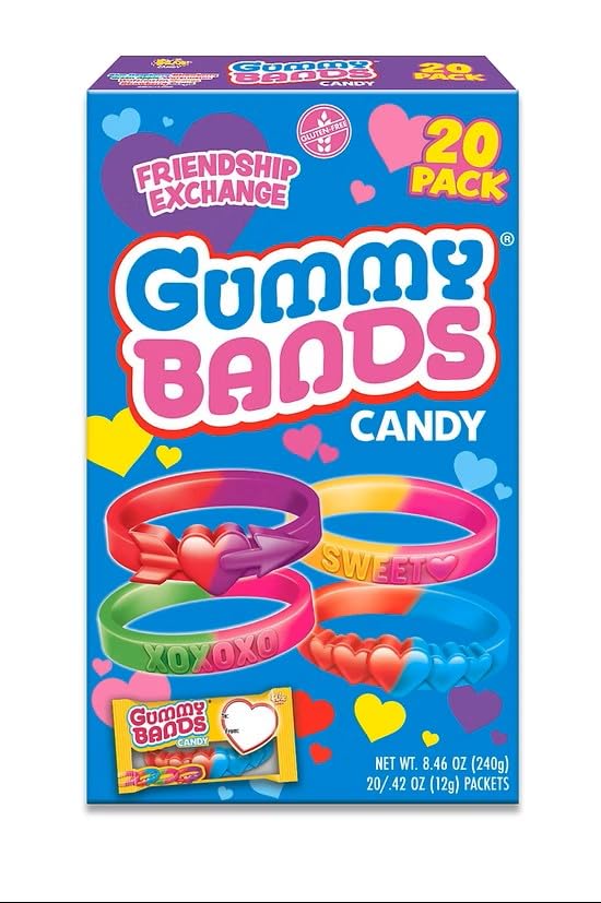 Gummy Bands Valentine's Day Candy Bracelets, 20 Count, Individually Wrapped for Friendship Exchange, 8.46 Ounces