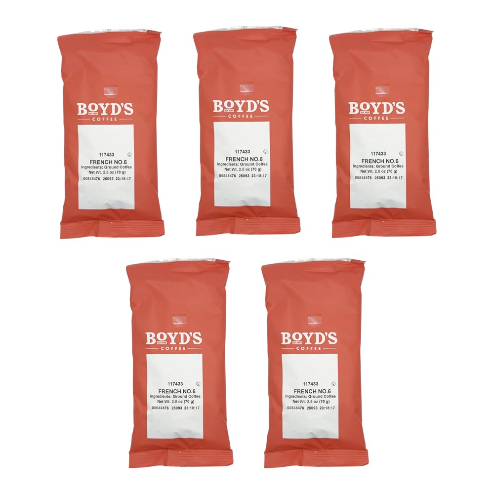 Boyd's French No. 6 Ground Coffee, Dark Roast, 5 Pack (2.5 oz Each) - 12.5 oz Total - Same Great Coffee, Different Package - Bold & Smoky Flavor