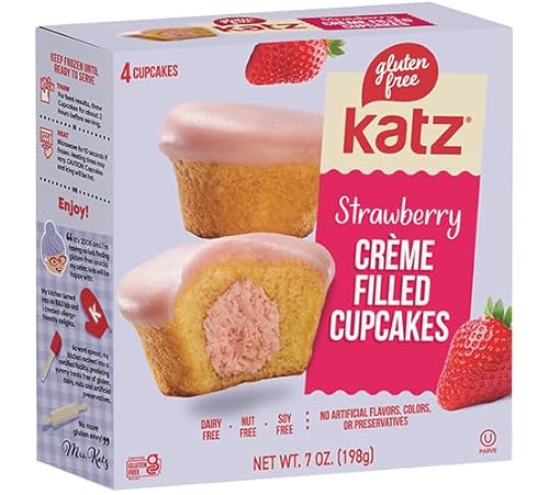 Katz Gluten Free Creme Filled Strawberry Cupcakes. Free of Dairy, Peanuts, Tree Nuts, and Sesame. Kosher, 7oz (1Pk)