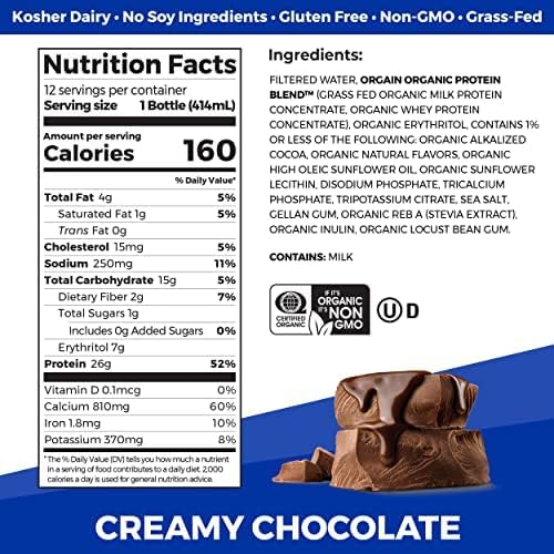 Orgain Organic Protein Shake, Grass Fed Dairy, Creamy Chocolate - 26g High Protein Whey Shake, Ready to Drink, Gluten Free, No Soy Ingredients, No