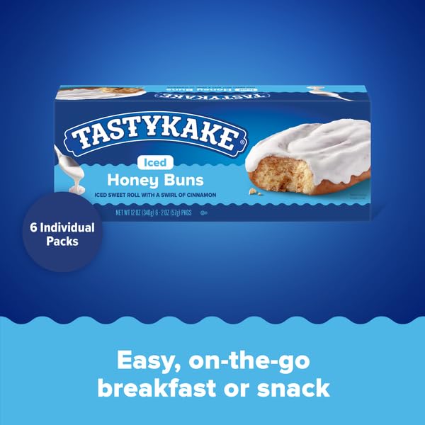Tastykake Iced Honey Buns, Sweet Roll with Cinnamon, 6 Count, 12 oz Box (Pack of 2)