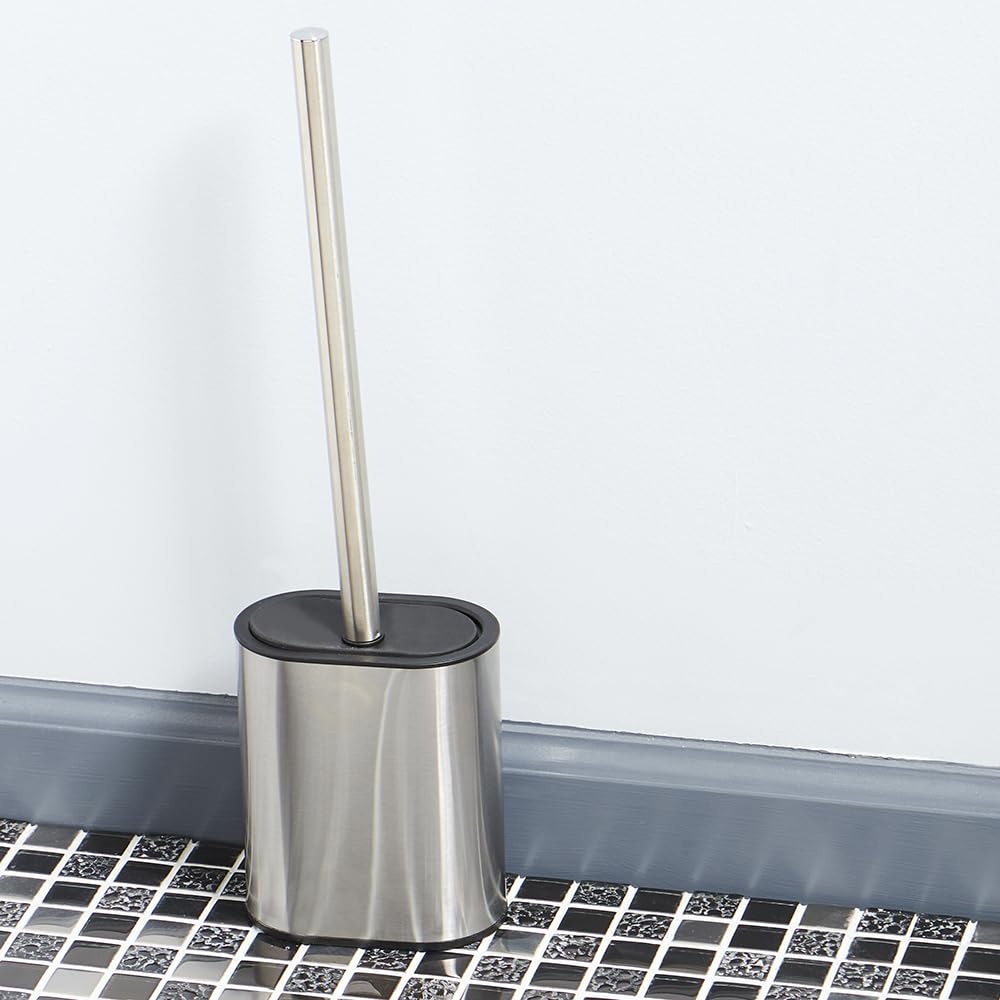 Half Size Stainless Steel Toilet Brush Holder with Flexible Rubber Brush Head, Black by Home Basics