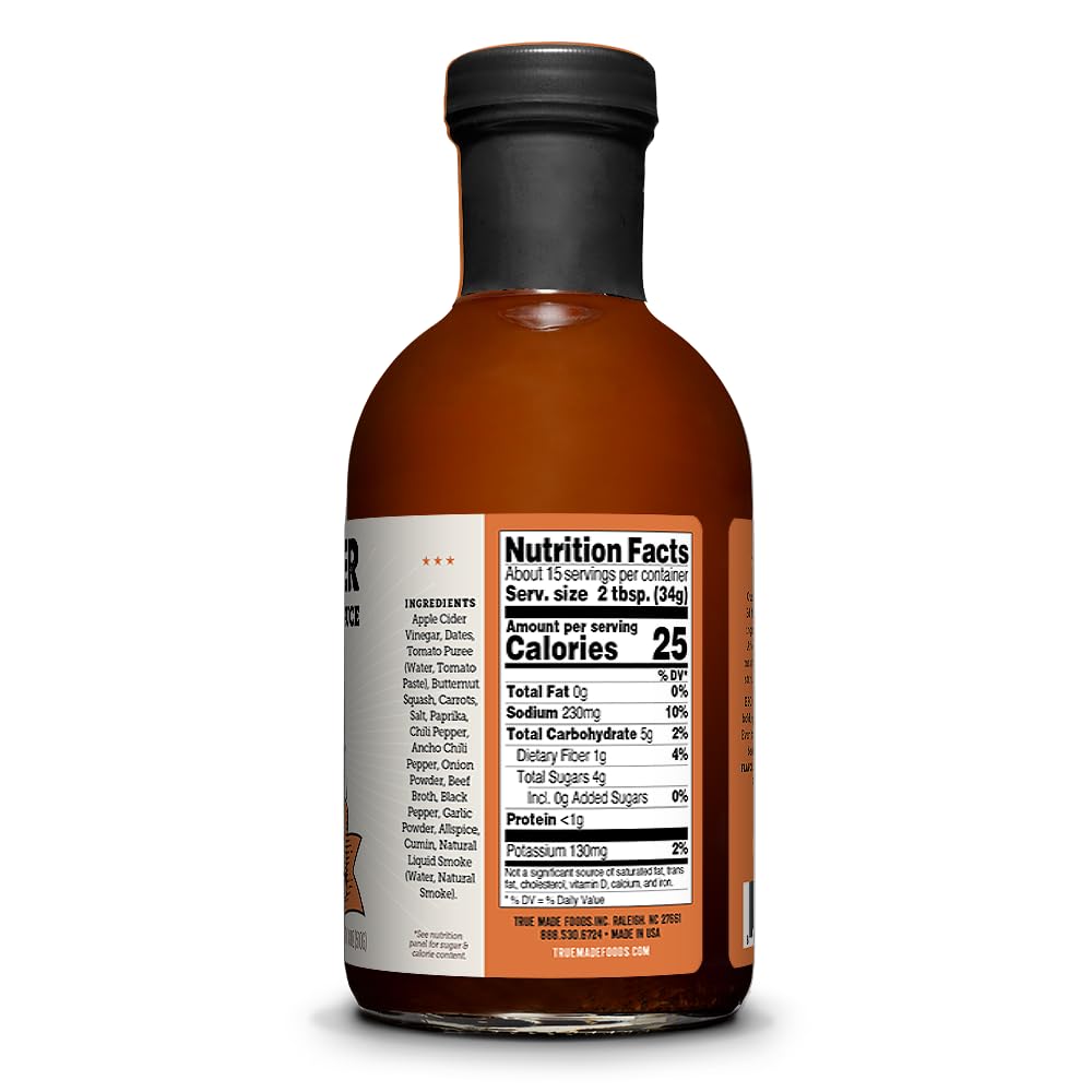 True Made Foods Central Texas Style Barbecue Sauce, Bold and Spicy, No Sugar Added, Keto, Whole 30, Paleo (18oz, 1 Pack)