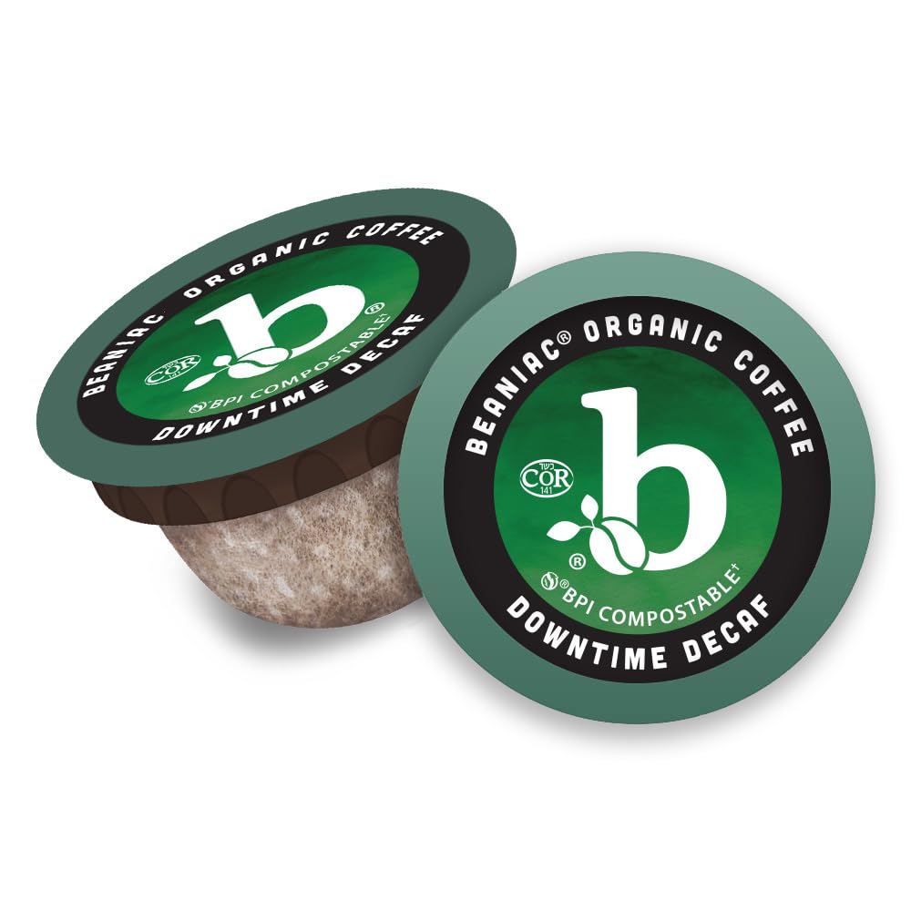 beaniac Organic Downtime Decaf Swiss Water Decaffeinated, Medium Roast, Single Serve Compostable K Cup Coffee Pods, Organic Arabica Coffee, Keurig