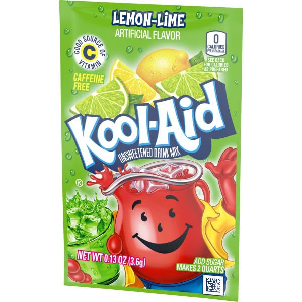 Kool-Aid Unsweetened Lemon Lime Artificially Flavored Powdered Soft Drink Mix, 0.13 oz Packet (Pack of 48)