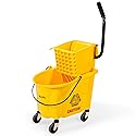 PLASTIC PRINCE Commercial Mop Bucket with Wringer on Wheels, Heavy Duty Industrial Mop Bucket and Wringer for Home Office Restaurant Business, 26