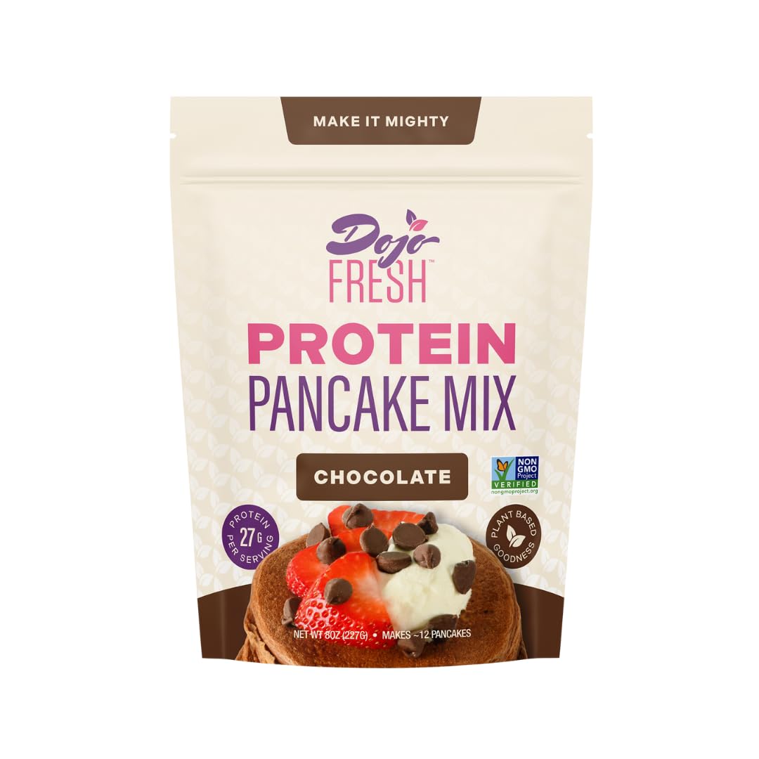 Dojo Fresh Chocolate Protein Pancake Mix, Plant-Based & Vegan, 27g Protein per Serving, Non-GMO, Just Add Water, High-Protein Pancakes, Waffles & Baking Mix (8 oz)