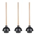 SteadMax Rubber Toilet Plunger, Double Thrust Force Cup, Heavy Duty, Commercial Grade with 18” Wood Handle (Pack of 3)