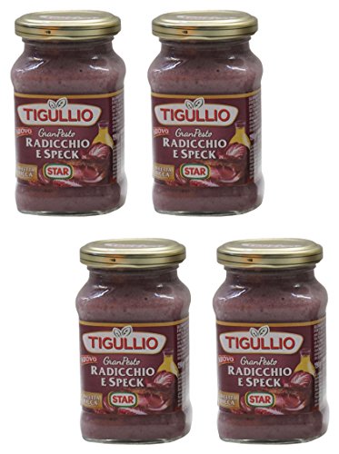 Tigullio:"Gran Pesto Radicchio e Speck" Pesto with Red Italian Chicory and Speck - 6.7 Fluid Ounce (190ml) Packages (Pack of 4) [ Italian Import ]