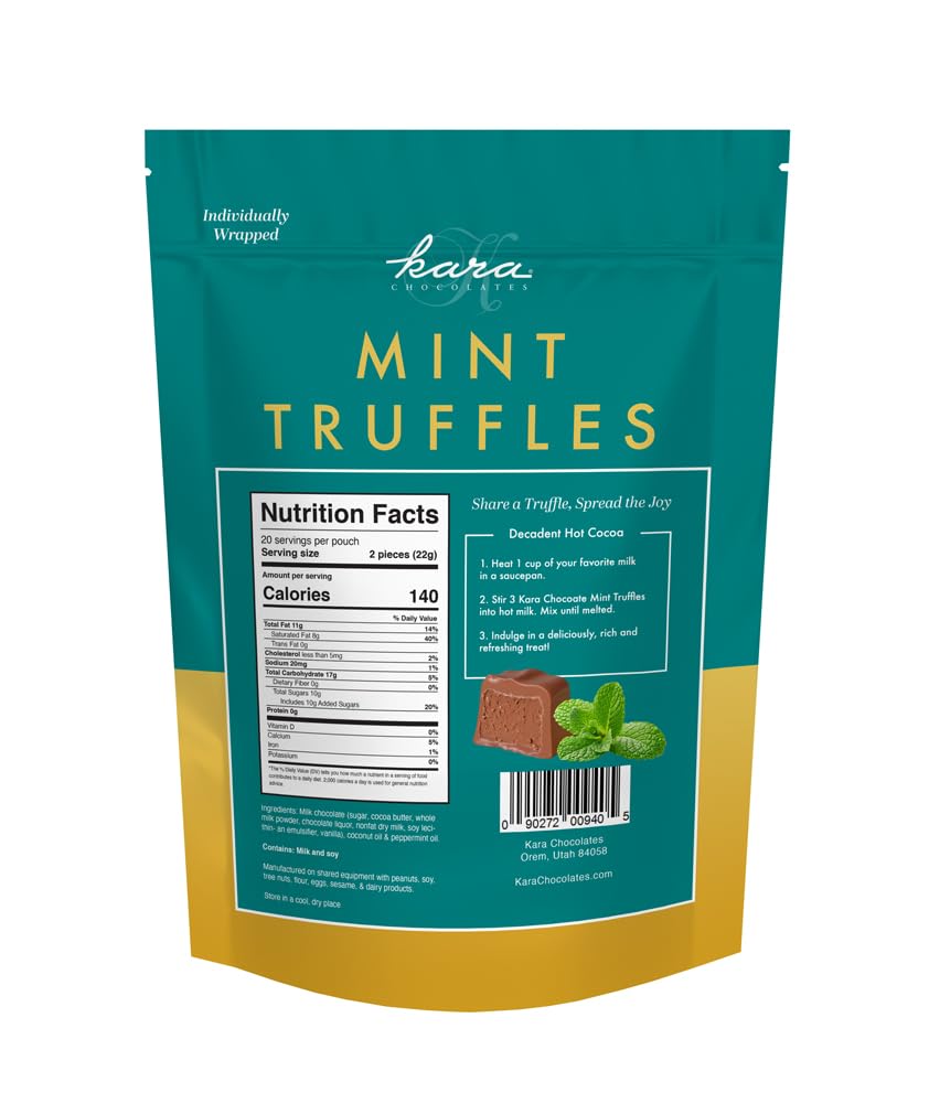 Kara Chocolates Mint Chocolate Truffles Individually Wrapped, Naturally Gluten Free, Gourmet Soft Creamy Truffles (1 lb Pouch (16oz - 1 Pk), Mint
