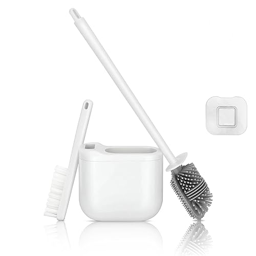 Silicone Toilet Brush Set with Corner Brush & Wall-Mounted Holder, No-Scratch Design with Drainage Holes, Adhesive Installation, White
