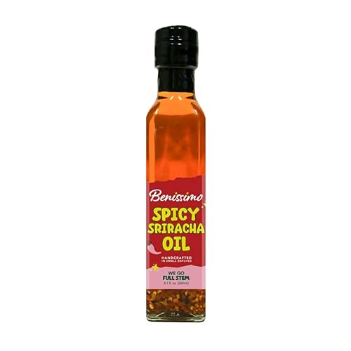 Benissimo Spicy Sriracha Infused Oil - Chili & Garlic Herb Oil, Vegan All Natural Cooking Oil for Stir Fry, Sautéing & Drizzling, Medium Heat, 8.45 fl