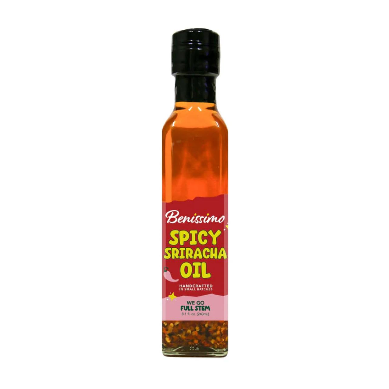 Benissimo Spicy Sriracha Infused Oil - Chili & Garlic Herb Oil, Vegan All Natural Cooking Oil for Stir Fry, Sautéing & Drizzling, Medium Heat, 8.45 fl