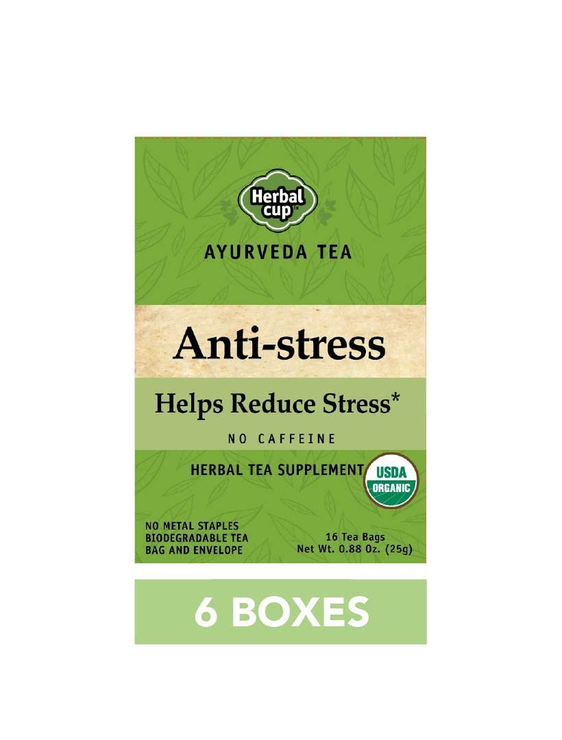 Herbal Cup Ayurveda Tea, Organic Anti-Stress, No Caffeine Herbal Supplement (Anti-Stress, 16 Count (Pack of 6))