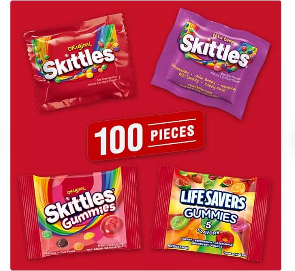 HUBZ Assorted Candy Variety Pack, 100 Pieces, Skittles, Gummies and Life Savers, Bulk Bag